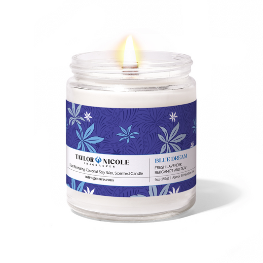 Blue Dream candle w/lavender, vetiver, & rainwater. A calming, odor-eliminating scent that lasts approx 50 hours. Perfect for relaxation & serenity.
