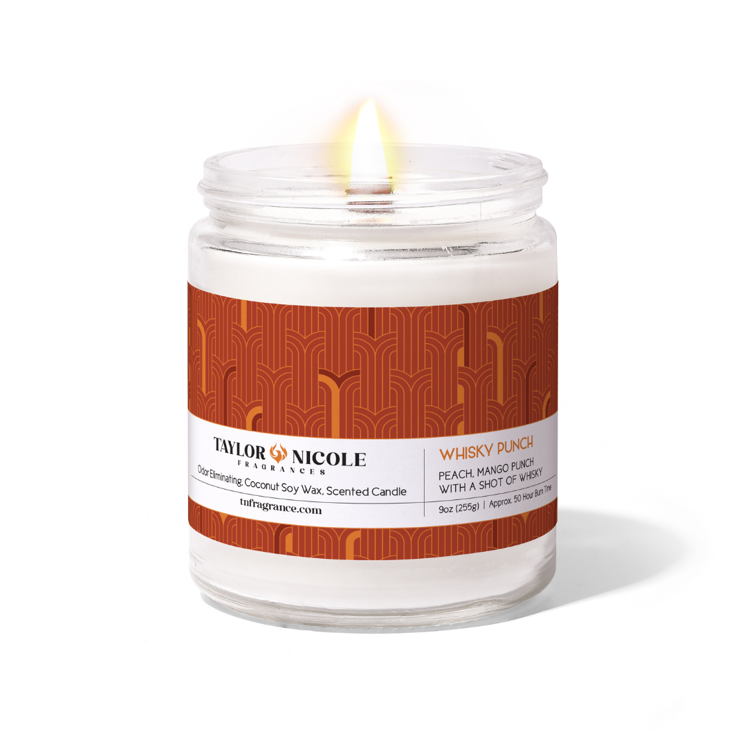 Whisky Punch Odor Eliminating Candle blends peach and mango with a shot of whisky - you that right... WHISKY baby! Burn time - approx. 50hrs - coconut soy wax. 